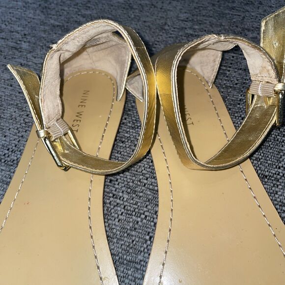 Nine‎ West Sandals Womens Size 10M Gold Metallic Ankle Strap Woven Flat Solitude - Picture 11 of 13